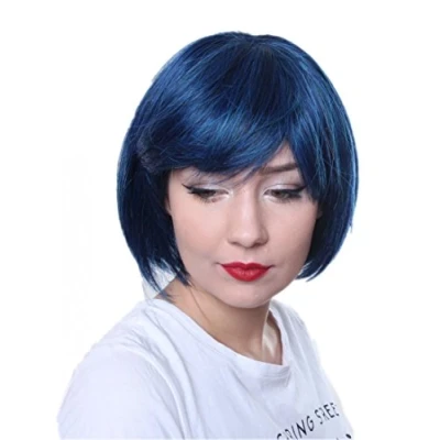 Abbildung von Prettyland Damen Blau schwarz gesträhnt Kurz haar Bob Glatte Manga Anime Kurze Frau Perücke blue short Wig C555