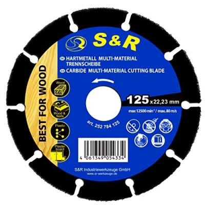 Abbildung von S&amp;R Karbid Hartmetall Trennscheibe 125 x 22,23 mm, Multi Material für alle Arten von Holz, Holz mit Nägel, Plastik und Gipskarton, besonders hohe Standzeit, Winkelschleifer