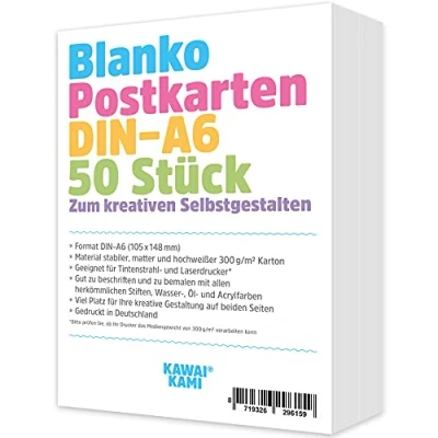 Abbildung von Blanko Postkarten Set, Karten zum Selbstgestalten, Bemalen, Beschreiben, Zeichnen, Malen, Bedrucken, Postkarte aus weißem Karton, 50 Karten, 300g DIN A6