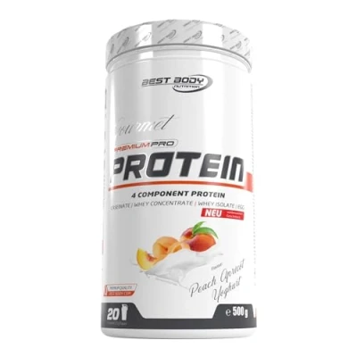 Abbildung von Best Body Nutrition Gourmet Premium Pro Protein, Peach Apricot Yoghurt Dose, 4 Komponenten Protein Shake: Caseinat, Whey Konzentrat, Isolat, Eiprotein, 500 g Dose