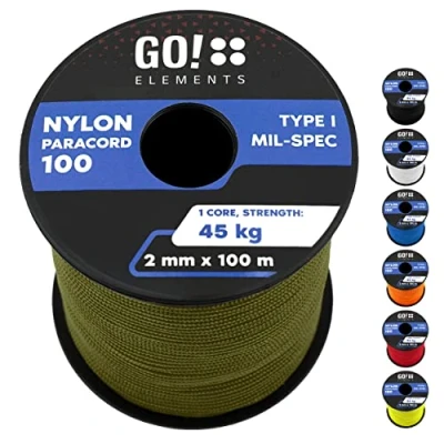 Abbildung von GO!elements 100m Paracord 2mm Seil aus reißfester Nylonschnur 100 Typ I Survival Schnur Reißfest bis 45kg geeignet als Allzweckseil, Reepschnur, Kordel, Maurerschnur, Farbe: Olive