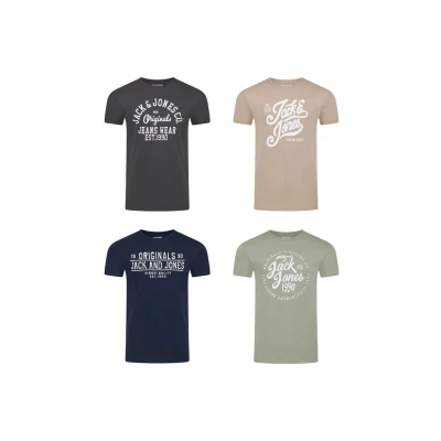 Abbildung von JACK &amp; JONES Tshirt Herren Regular Fit JJLINO 4er Pack Set Rundhals Kurzarm Sommer Tee Shirt Print, Größe:L, Farbe:Pack 3
