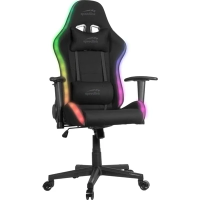 Abbildung von Speedlink REGYS RGB Gaming Stuhl Stoff Bezug mit LED Beleuchtung, 300 Beleuchtungsmodi Fernbedienung, Wippfunktion, Nackenkissen, Lendenwirbelkissen, bis 140kg, schwarz