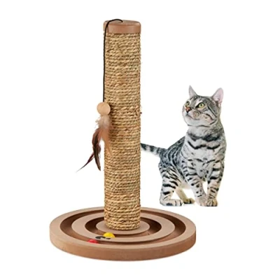 Abbildung von Relaxdays Kratzsäule für Katzen, HxD: 45 x 30 cm, Kratzstamm mit Spielzeug, Seegras Seil, interaktiver Kratzbaum, braun