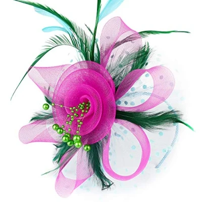Abbildung von DRESHOW Fascinators Hut Blume Mesh Bänder Federn auf Einem Stirnband und Geteilten Clip Cocktail Tea Party Headwear für Mädchen Damen