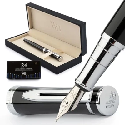 Abbildung von Wordsworth &amp; Black Füllfederhalter Set, mittlere Spitze, inklusive 24 Tintenpatronen und Kolbenkonverter, Geschenkbox, Kalligraphie, glattes Schreiben, Chrom Schwarz