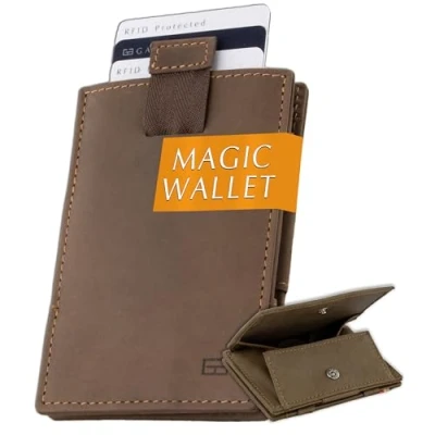 Abbildung von GARZINI Magic Wallet, RFID Geldbeutel für Herren aus echtem Leder, Platz 8 Karten mit Münzfach, Mini Geldbörse als Geschenk Männer, Kartenhalter Pull Tab System, Java Brown
