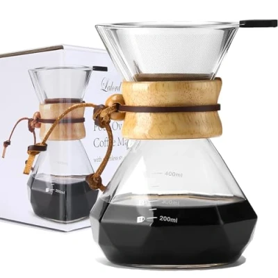 Abbildung von Lalord Pour Over Kaffeebereiter mit Edelstahlfilter, Borosilikatglas Kaffeekanne, Holzkragen, Kaffeefilter Brauer, für 2 Tassen, 400 ml