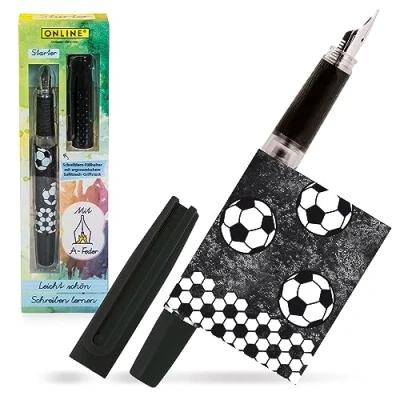 Abbildung von ONLINE Schreiblernfüller mit Anfänger Feder A I Schulfüller coolem Fußball Design Rechtshänder Füller Mädchen &amp; Jungen robust ergonomisch inkl. blauer Tintenpatrone Made in Germany