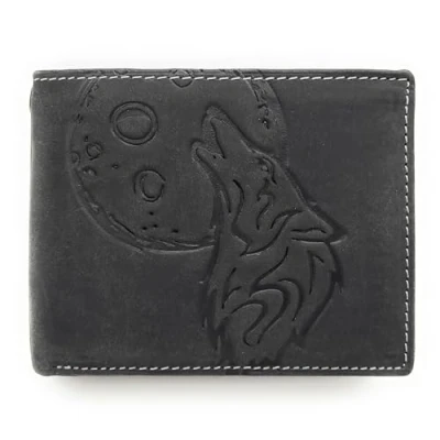Abbildung von Lemasi echt Leder Geldbörse Portemonnaie Heulender Wolf Mond mit RFID Schutz (Wolf schwarz quer)