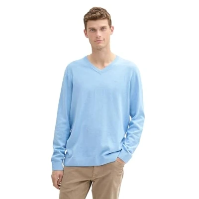 Abbildung von TOM TAILOR Herren Strickpullover mit V Ausschnitt, 37092 Sky Blue Dark Melange, XXXL