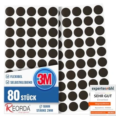 Abbildung von Reorda® Magnetplättchen selbstklebend (80 Kreise) Starker 3M Kleber ermöglicht ausgezeichnete Klebekraft Vielseitige Flache Magnete zum basteln &amp; schneiden Ideal nutzbar für Schule Büro