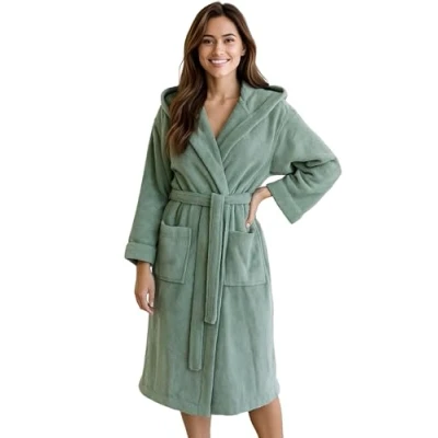 Abbildung von Morgenstern Bademantel Damen Frottee Baumwolle mit Kapuze lang Schilf Grün Gr. XL