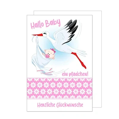 Abbildung von Edition Seidel Premium Glückwunschkarte zur Geburt mit Umschlag. Karte Ereigniskarte Grusskarte Hallo Baby ein Mädchen Herzliche Glückwünsche Storch Ereignis rosa (E253 SW023)
