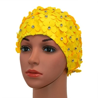Abbildung von Medifier Handbuch Strass Floral Blütenblatt Retro Stil Schwimmen Gap Badekappen für Frauen gelb
