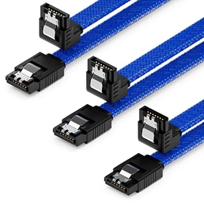 Abbildung von deleyCON 3x 50cm SATA 3 Nylon Kabel Set Datenkabel 6 Gbit/s Anschlusskabel Verbindungskabel Mainboard HDD SSD Festplatte 1 S ATA Stecker 90 Gewinkelt Blau