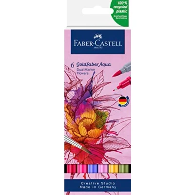 Abbildung von FABER CASTELL 164527 Goldfaber Aqua Dual Marker, Blumen, mit Pinselspitze und Fineliner Spitze, 6er Etui