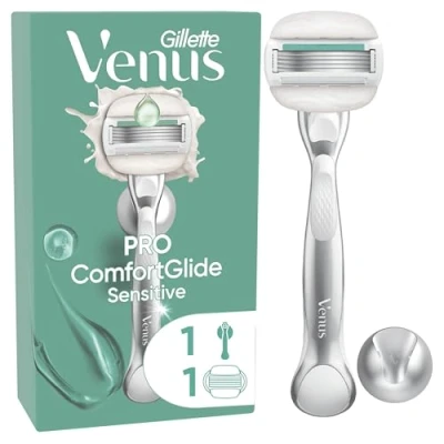 Abbildung von Gillette Venus Pro ComfortGlide Sensitive Damenrasierer mit einem Hauch von Aloe Vera, 1 Ersatzklingen, langlebiges Metallhandstück und Duschhalterung