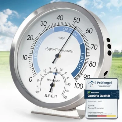 Abbildung von MAVORI® 2in1 Hygrometer innen analog und Thermometer aus Edelstahl Temperatur Luftfeuchtigkeitsmesser für ein gesundes Raumklima Ø 12,5cm