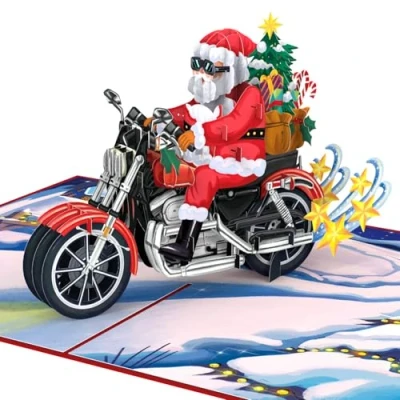 Abbildung von papercrush® Pop Up Karte Weihnachtsmann auf Motorrad Lustige 3D Weihnachtskarte für Männer (Freund, Papa, Mann) Frohe Weihnachten Motorradfahrer und Biker