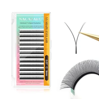 Abbildung von NAGARAKU YY Wimpernverlängerung Lashes Extensions 4D Kreuz Volumen Wimpern Vorgefertigte Ventilatoren Y Eyelash und Quer 12 Reihen Schwarz(0.07 C Curl 9mm）