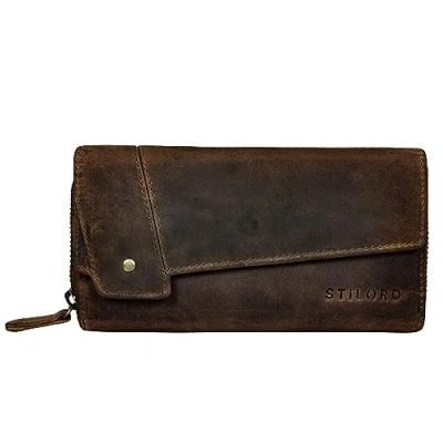 Abbildung von STILORD &#039;Sophia&#039; Portemonnaie Damen Leder RFID NFC Schutz Vintage Geldbörse Groß Geldbeutel mit Reißverschluss und Ausleseschutz in Geschenkbox, Farbe:Sepia braun Plain