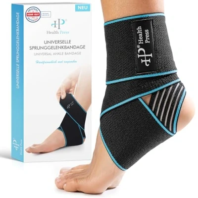 Abbildung von Health Press® Universelle Sprunggelenkbandage 1x Knöchelbandage Zur erhöhten Stabilisierung &amp; Entlastung des Sprunggelenks Stützende Bandage fürs Fußgelenk Verstellbare Fußbandage