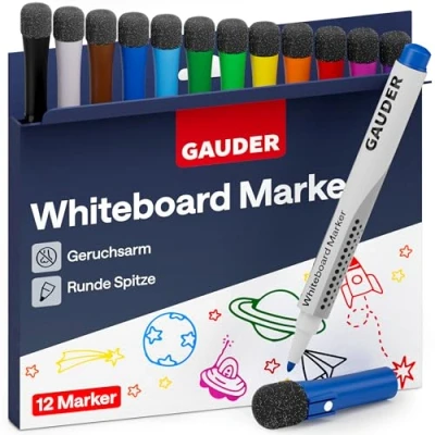 Abbildung von GAUDER Whiteboard Marker Set (12 Stück) Stifte Farben) trocken und rückstandsfrei abwischbar Dry Erase mit Schwamm ideal für Whiteboards Magnettafeln
