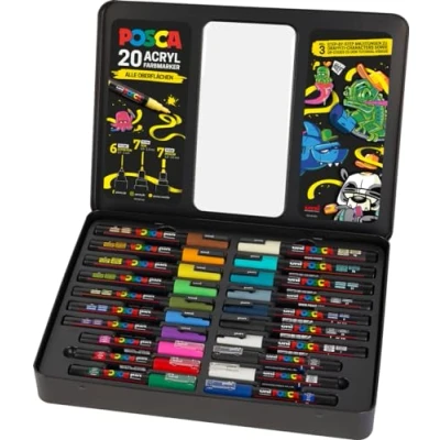Abbildung von Faber Castell uni ball 186830 POSCA Marker Set, 20er Etui, inkl. Anleitungen für 3 Graffiti Charaktere