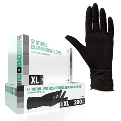 Abbildung von SF Nitrilhandschuhe XL Schwarz 200 Stück Einweghandschuhe, Einmalhandschuhe, Puderfrei, Latexfrei, Handschuhe Einweg zum Kochen, Putzen, für Medizin, Küche, Garten, Werkstatt, Tattoo, Haushalt