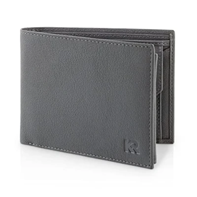 Abbildung von KRONIFY Leder Geldbörse Herren I Echtleder Portmonee RFID Schutz Querformat mit Münzfach 13 Kartenfächer Geldbeutel eleganter Box Nappa Grau