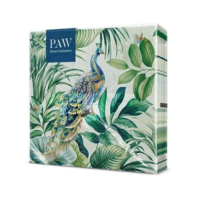 Abbildung von PAW Servietten 3 lagig (33 x 33 cm) I 20 Stück Perfekt für Geburtstage, Partys, Hochzeiten, Kommunion und Feiern Papierservietten Bunt Sommer, Pfau, Laub Farbe: Peacock
