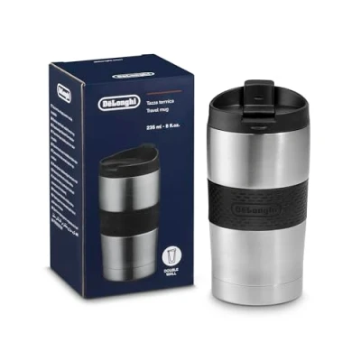 Abbildung von De&#039;Longhi Reise Thermobecher DLSC074, Doppelwandiger Kaffeebecher aus Edelstahl für Heiße und Kalte Getränke, Öffnung mit Nur Einem Klick, 235 ml Fassungsvermögen, Anthrazit