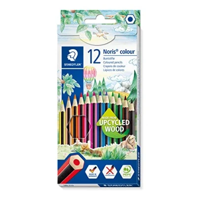 Abbildung von STAEDTLER Buntstifte Noris colour, rutschfeste Soft Oberfläche, hohe Bruchfestigkeit, Made form Upcycled Wood, intensive Farben, Sechskantformat, 12 Farbstifte im Kartonetui, 185 C12