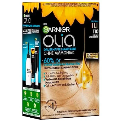 Abbildung von Garnier Olia 110 Kühles Aschblond Dauerhafte Haarfarbe ohne Ammoniak mit pflegenden, natürlichen Ölen, Vollständige Grauhaarabdeckung, Permanente Coloration, 1 Stück