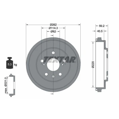 Abbildung von TEXTAR 94047600 Bremstrommel ohne Radlager, Radbefestigungsbolzen, Radnabe 262 SUZUKI: SX4 I Hatchback