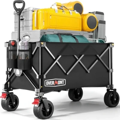 Abbildung von Overmont Faltbar Bollerwagen Klappbar Handwagen mit Geländegängige Breite Räder bis 150 kg Tragkraft für Camping Sport Einkaufen Garten Schwarz