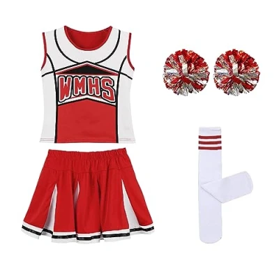 Abbildung von LOLANTA Mädchen rot &amp; blau Cheerleader Kostüm befestigen Pom Poms Socken, Kinder Cheer Outfit Karneval Kostüm, Rot, 13 15 Jahre, 170