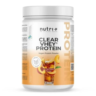 Abbildung von Nutri + Clear Vhey Vegan Protein Pulver Pfirsich Eistee erfrischendes, veganes Eiweißpulver ohne Soja, Whey, Laktose, Zucker Ice Tea Peach 400 g Proteinpulver