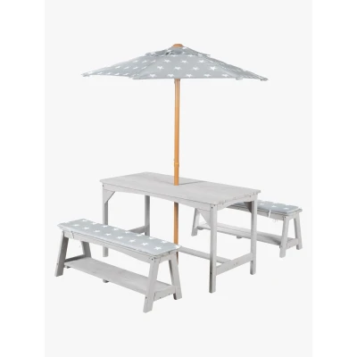 Abbildung von roba® Garten Kindersitzgruppe »Outdoor+«, (Set, 3 tlg.), Tisch und 2 Bänke mit Sitzauflage, Schirmset