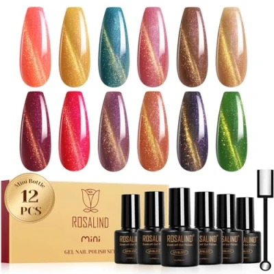 Abbildung von ROSALIND UV Nagellack Set Magnetisch, 12 Farben Orange Gelb Blau Braun Rot Regenbogen Cat Eye Gel Katzenauge, Soak Off Mini Kristall Cateye Nail Polish Goldfaden Art Maniküre