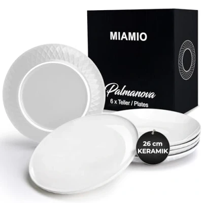 Abbildung von MIAMIO 6er Geschirrset/Teller Set modern aus Keramik für 6 Personen Palmanova Kollektion (Weiß, Große Teller (6x))