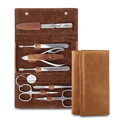 Abbildung von nippes Solingen Maniküre Set Whiskey, 7 teilig, Edelstahl rost und nickelfrei, Rindsleder Etui mit Doppeltem Druckverschluss in Cognac Braun, Nagelschere Set, Made Solingen/Germany