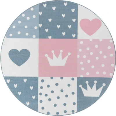 Abbildung von Paco Home Kinderteppich »Eliz 391«, rund, 12 mm Höhe, Kurzflor, Spielteppich, Patchwork Muster, Motiv Krone, Herz &amp; Punkte