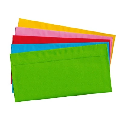 Abbildung von 100 Briefumschläge ohne Fenster, DIN lang, bunt 5 Farben sortiert, nassklebend, Briefkuvert