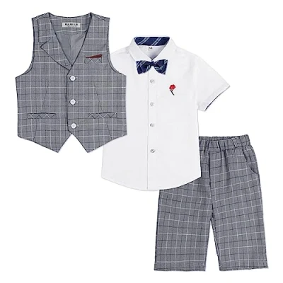 Abbildung von LOLANTA 4 teiliger Kinder Freizeit Anzug Set, Jungen Sommer Festlich Hochzeitsanzug, Kurzarm Hemd, Fliege, Weste, Kurze Hose, Grau kariert, 5 6 Jahre, 130