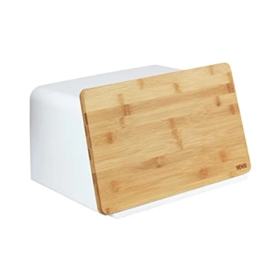 Abbildung von WENKO Brotkasten mit Bambusbrett Mod. Kubo, praktische Brotaufbewahrung Deckel &amp; integriertem Schneidebrett aus Bambus, Frischhaltedose, nachhaltig Brot aufbewahren, 35 x 20,5 26 cm, Weiß/Natur
