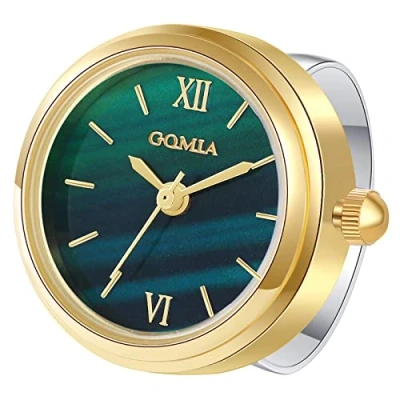Abbildung von JewelryWe Ringuhr Fingeruhr Damen Analog Quarz Edelstahl Verstellbar Ring Uhr Fingerringuhr Uhrenring mit Grün Römischen Ziffern Rundem Zifferblatt und Gold Gehäuse