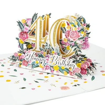 Abbildung von LIMAH® Pop Up 3D Grußkarte/Hochwertige PopUp Geburtstagskarte zum 40. Geburtstag/Happy Birthday Motiv/in weiß Gold/Groß mit Glitzer