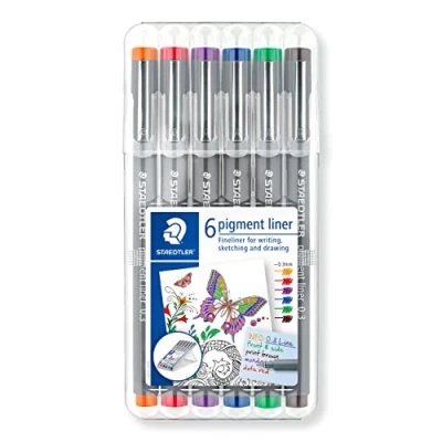 Abbildung von STAEDTLER bunte pigment liner, dokumentenechte Pigmenttinte, lange Metallspitze, Linienbreite 0,3mm, Lebensdauer, 6 Liner in unterschiedlichen Farben, 30803 SSB6